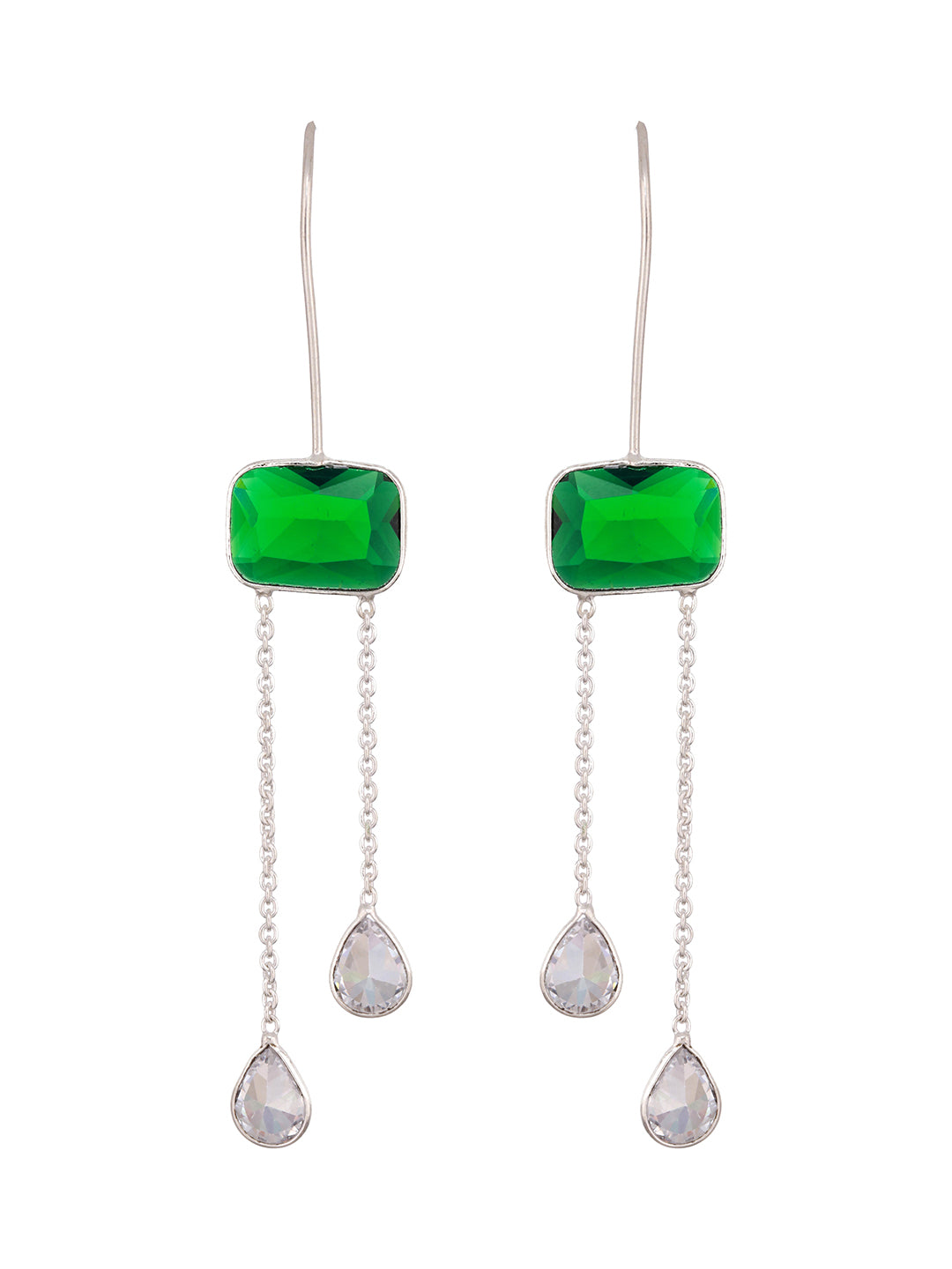 Silver Plated Green Crystal Dropdown Minimal Fishhook Earrings
