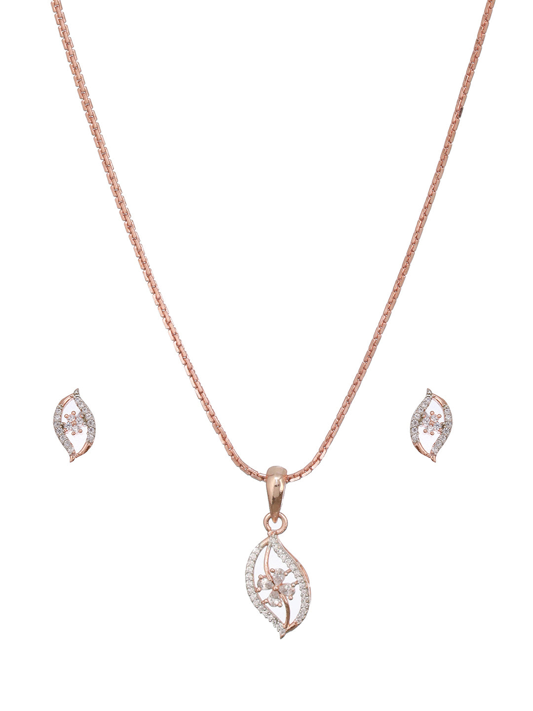 Rose Gold Plated Zircon Studded Minimal Floral Locket Jewellery Set