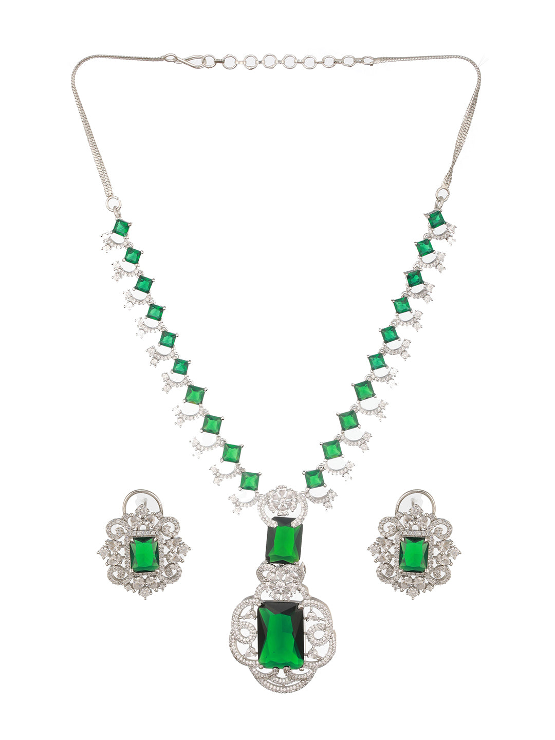 Silver Plated Emarald Green  CZ Studded  Designer Luxe Pendant Jewellery Set