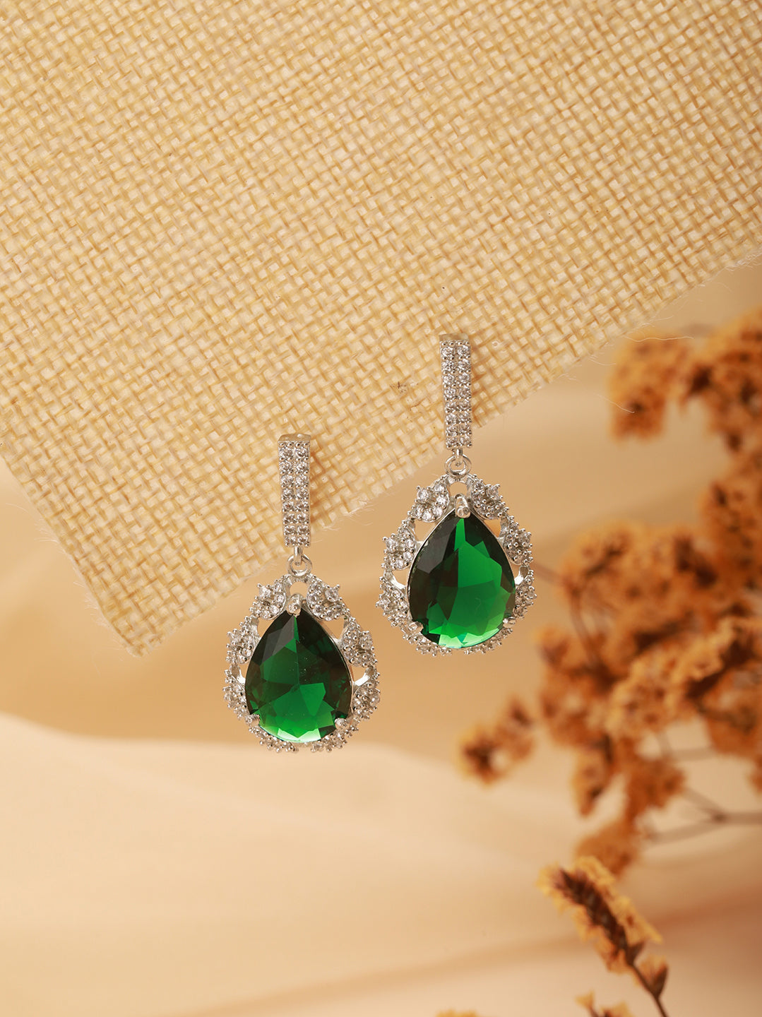 Silver Plated Emerald Green AD Tear Shaped Contemporary  Drop Earrings