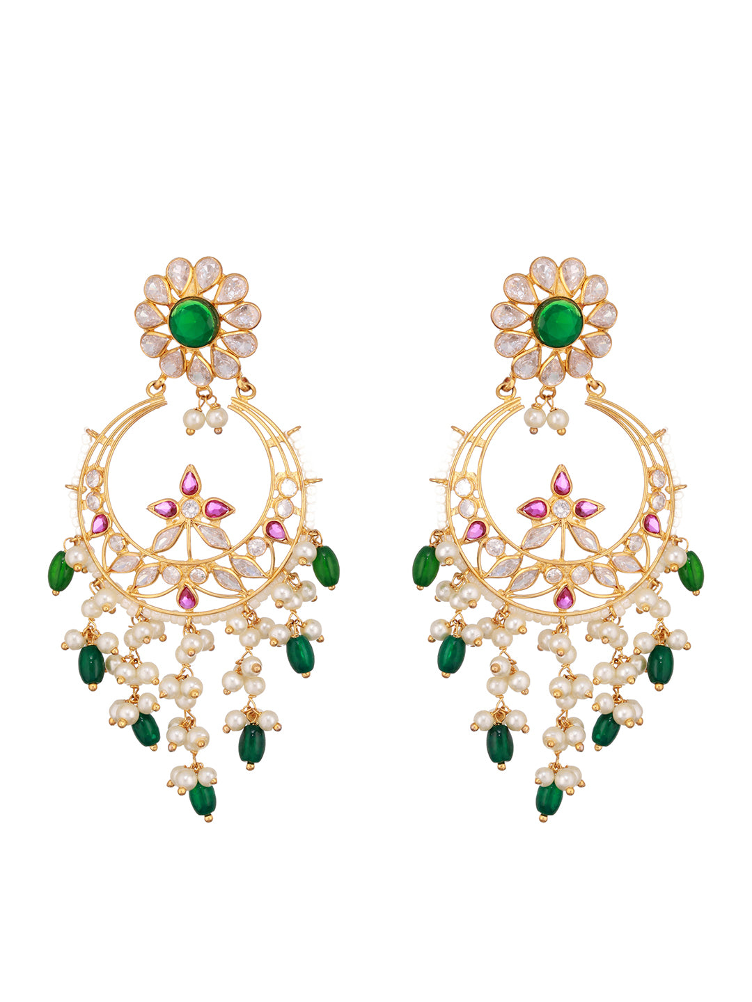 24K Gold Plated Red & Green Kundan & Pearl Beaded Bridal Chandbali Designer Earring