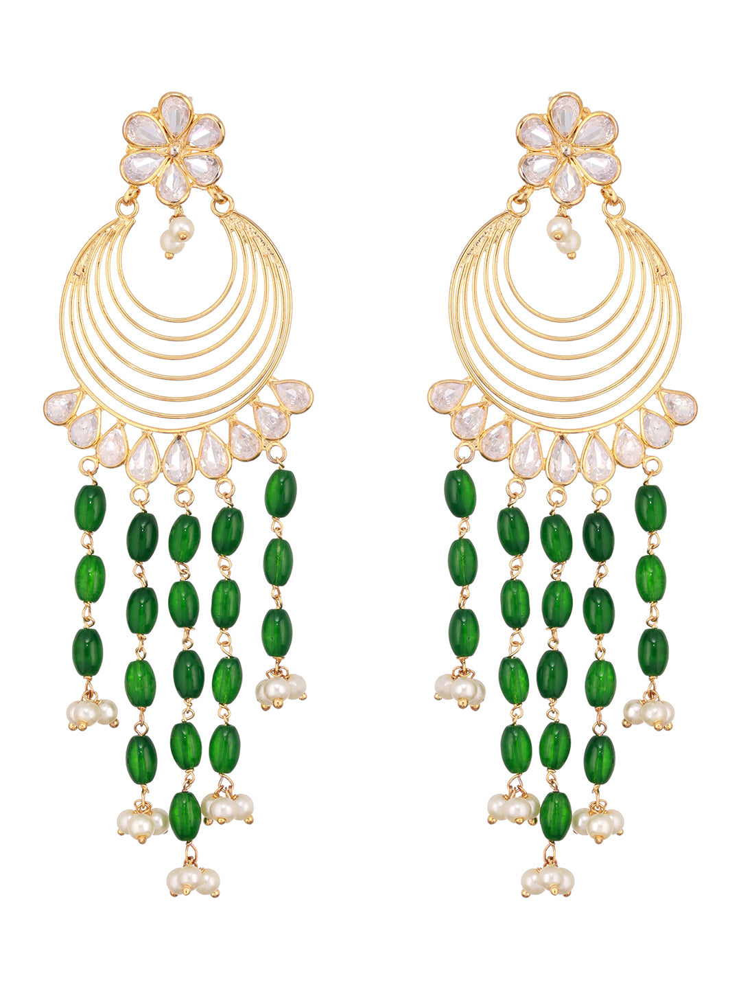 24K Gold Plated Kundan & Green Pearl Beaded Light Weight Bridal Floral Chandbali Earrings