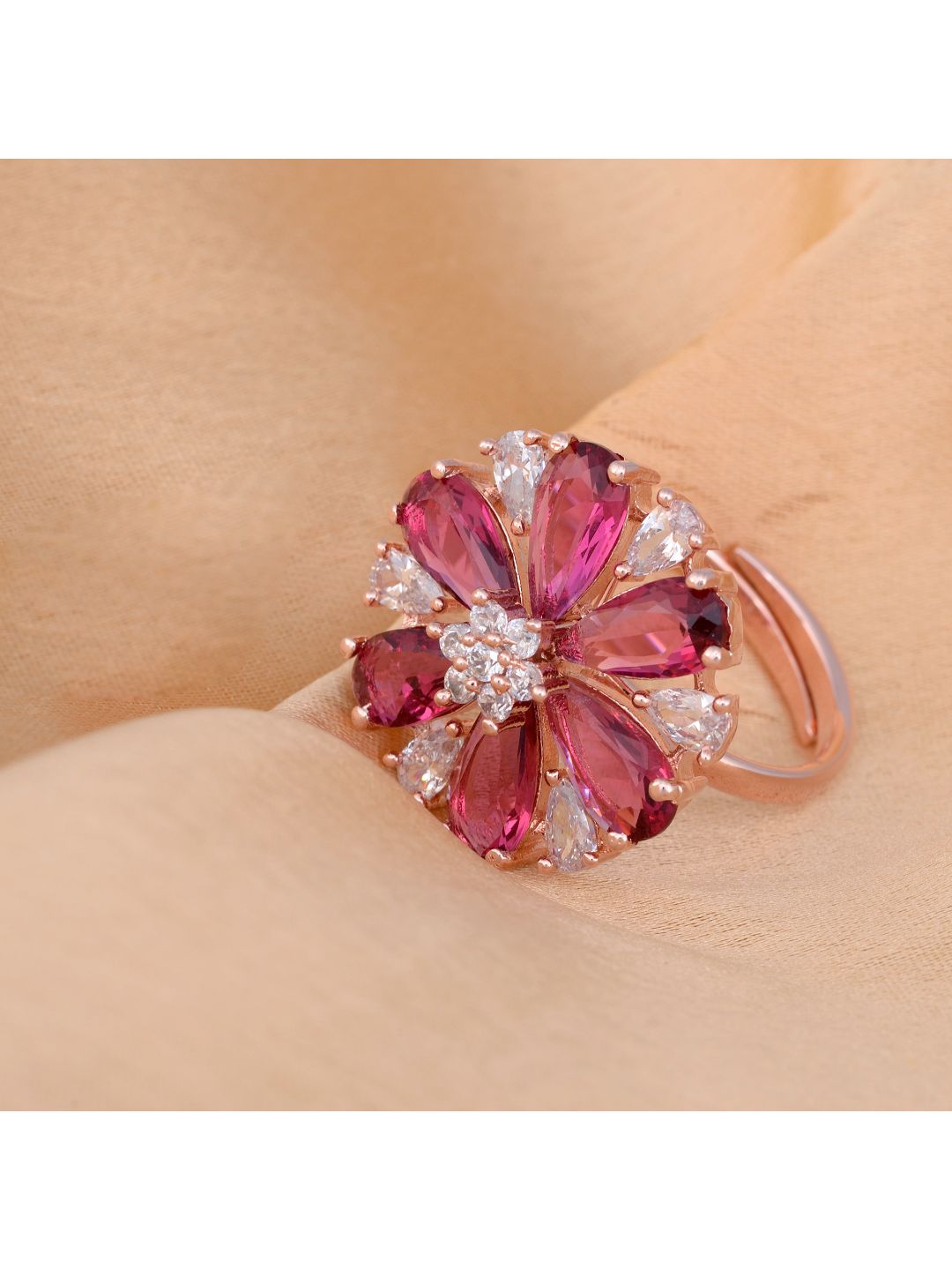 Rose Gold plated Ruby AD studded handcrafted adjustable Finger Ring
