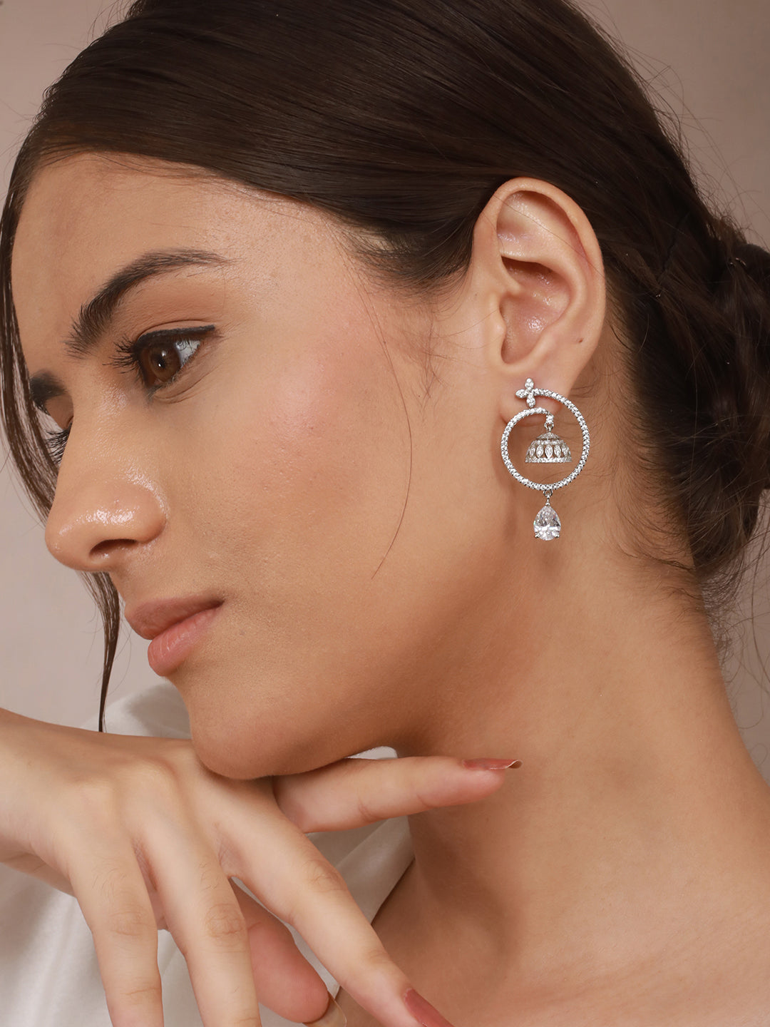 925 Sterling Silver Rhodium Plated Chandbali Drop Earrings