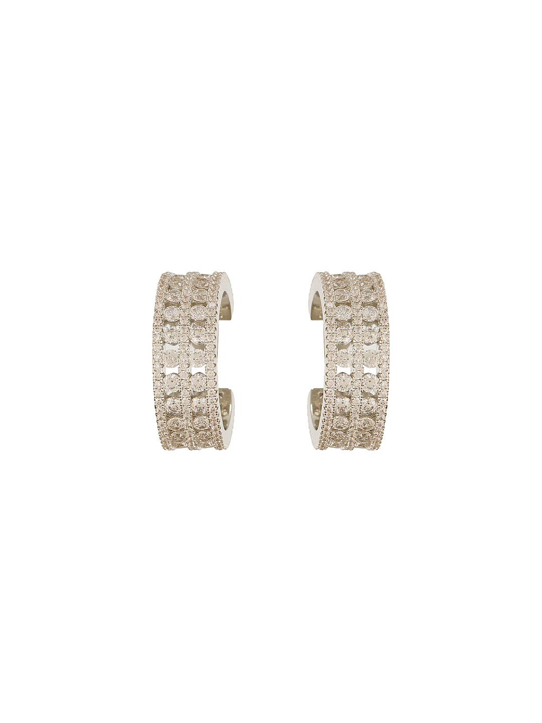 White Rhodium AD Studded C Shaped Minimal  Bali Studds Earrings
