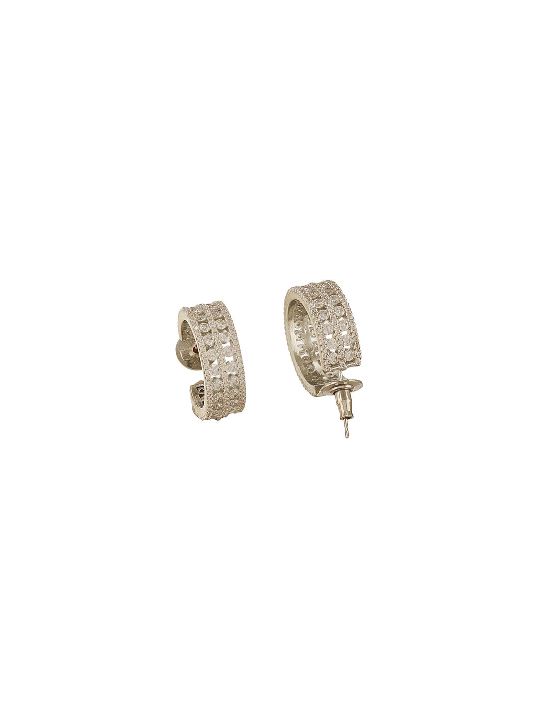 White Rhodium AD Studded C Shaped Minimal  Bali Studds Earrings
