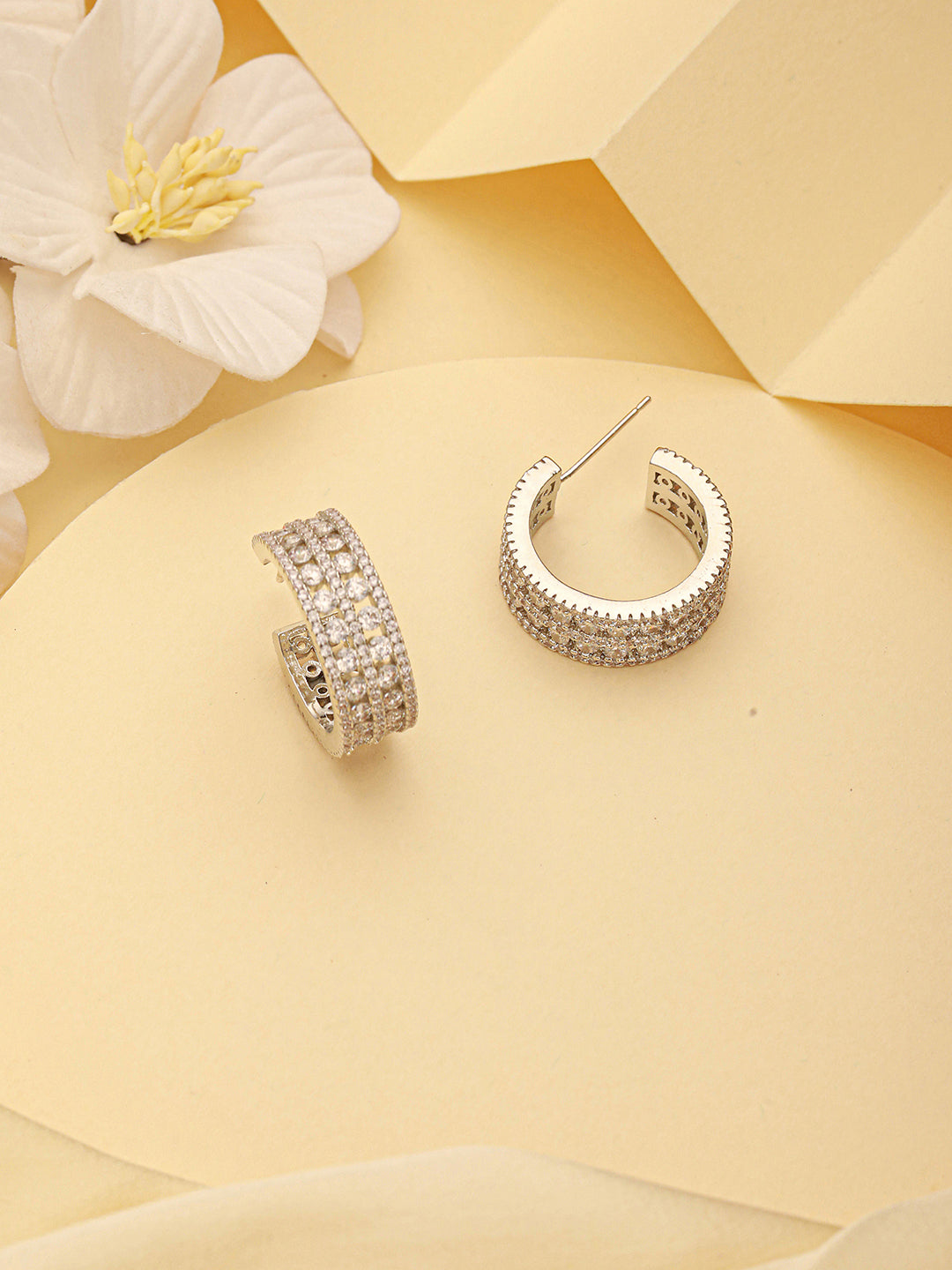 White Rhodium AD Studded C Shaped Minimal  Bali Studds Earrings