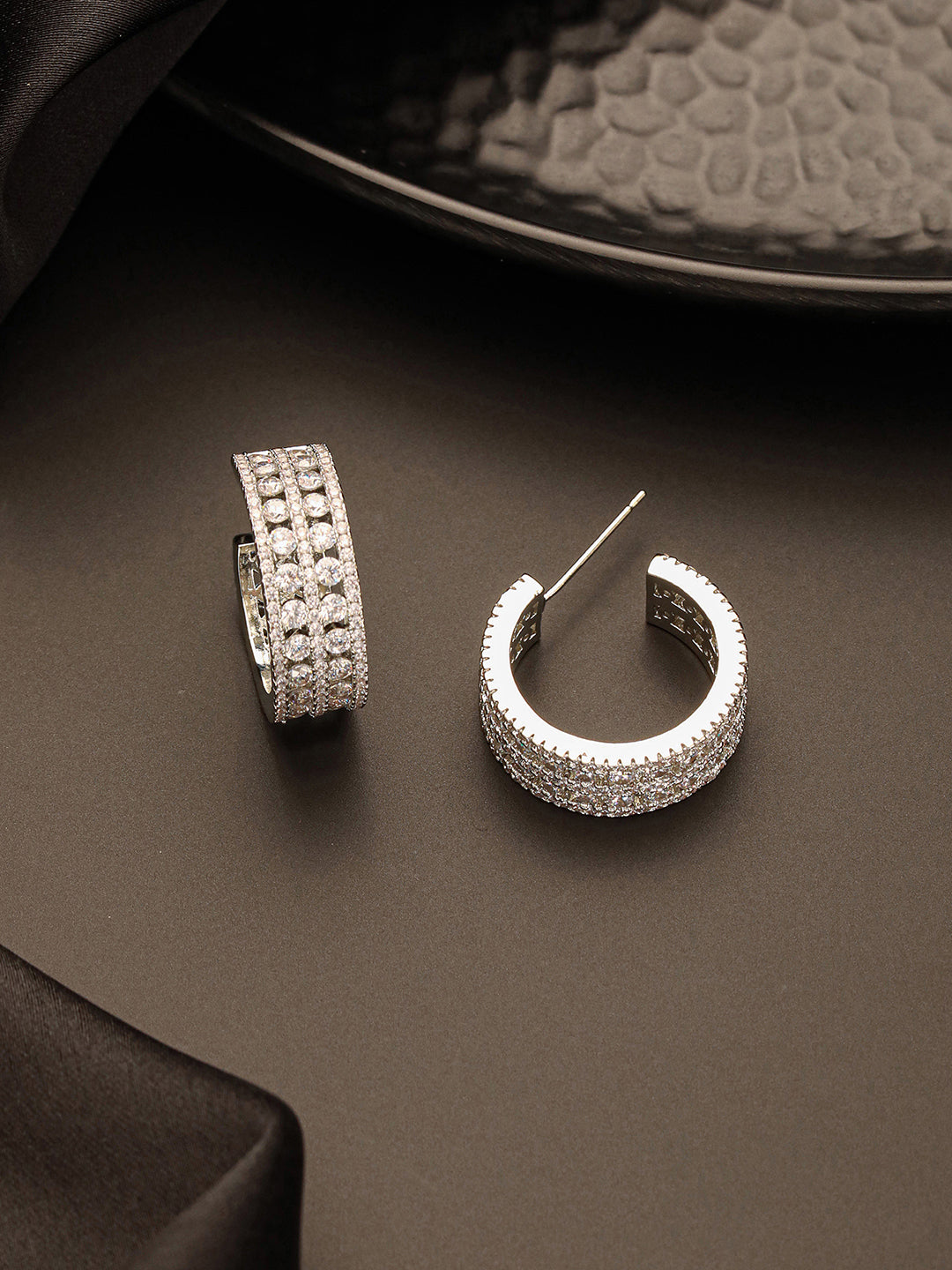 White Rhodium AD Studded C Shaped Minimal  Bali Studds Earrings