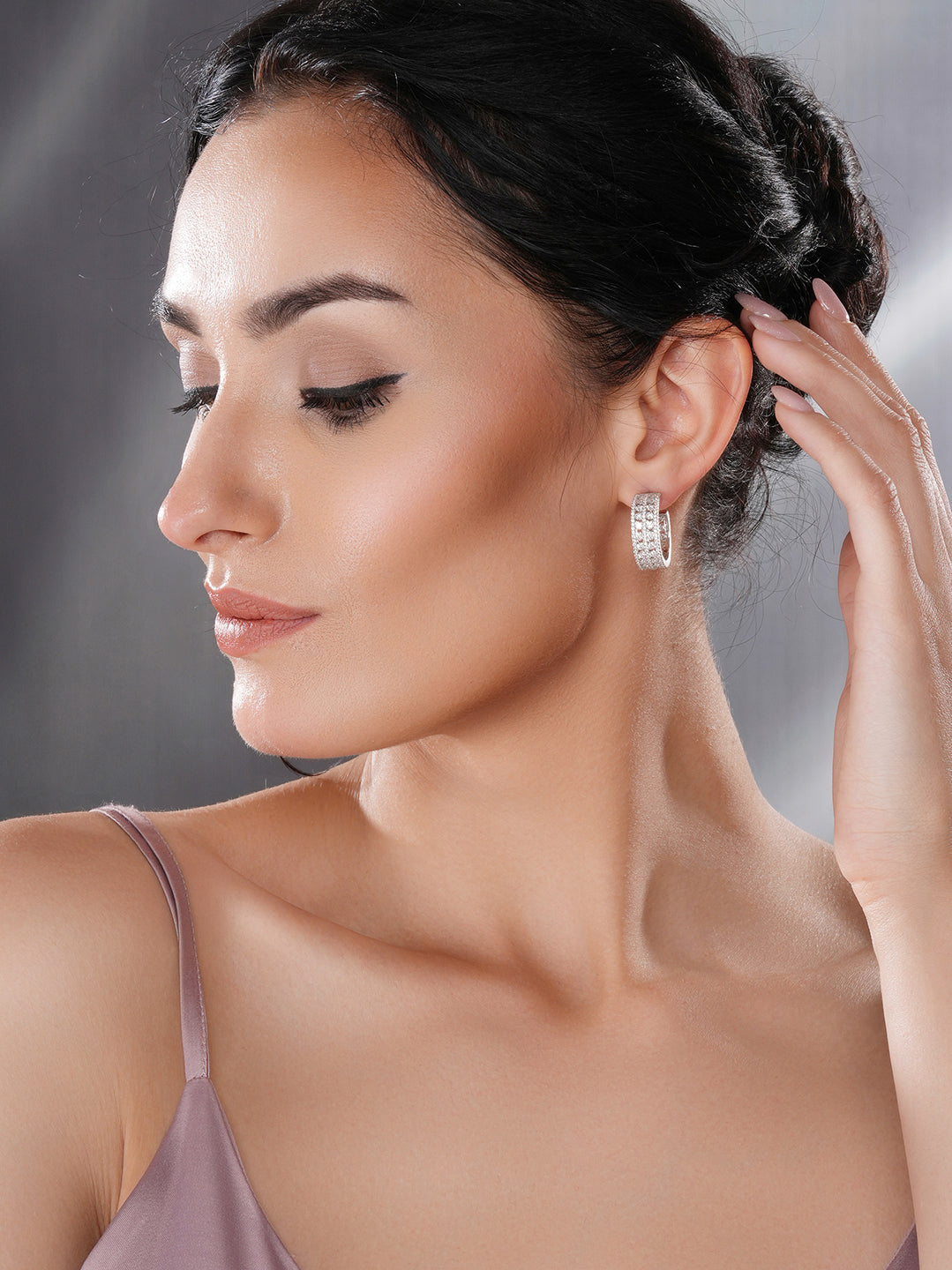 White Rhodium AD Studded C Shaped Minimal  Bali Studds Earrings