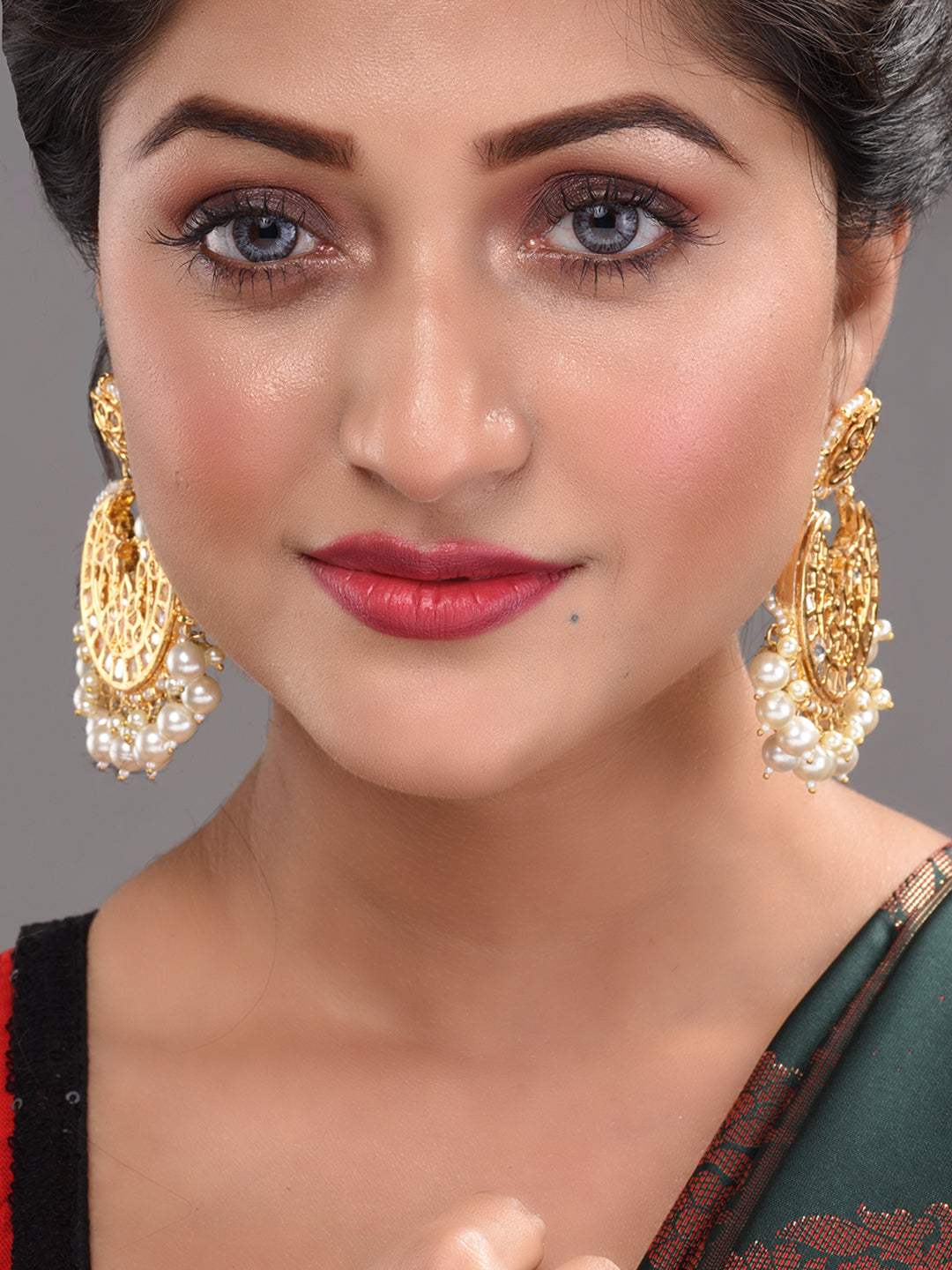 Gold Plated Kundan Studded & Pearl Beaded Traditional Chandbalis