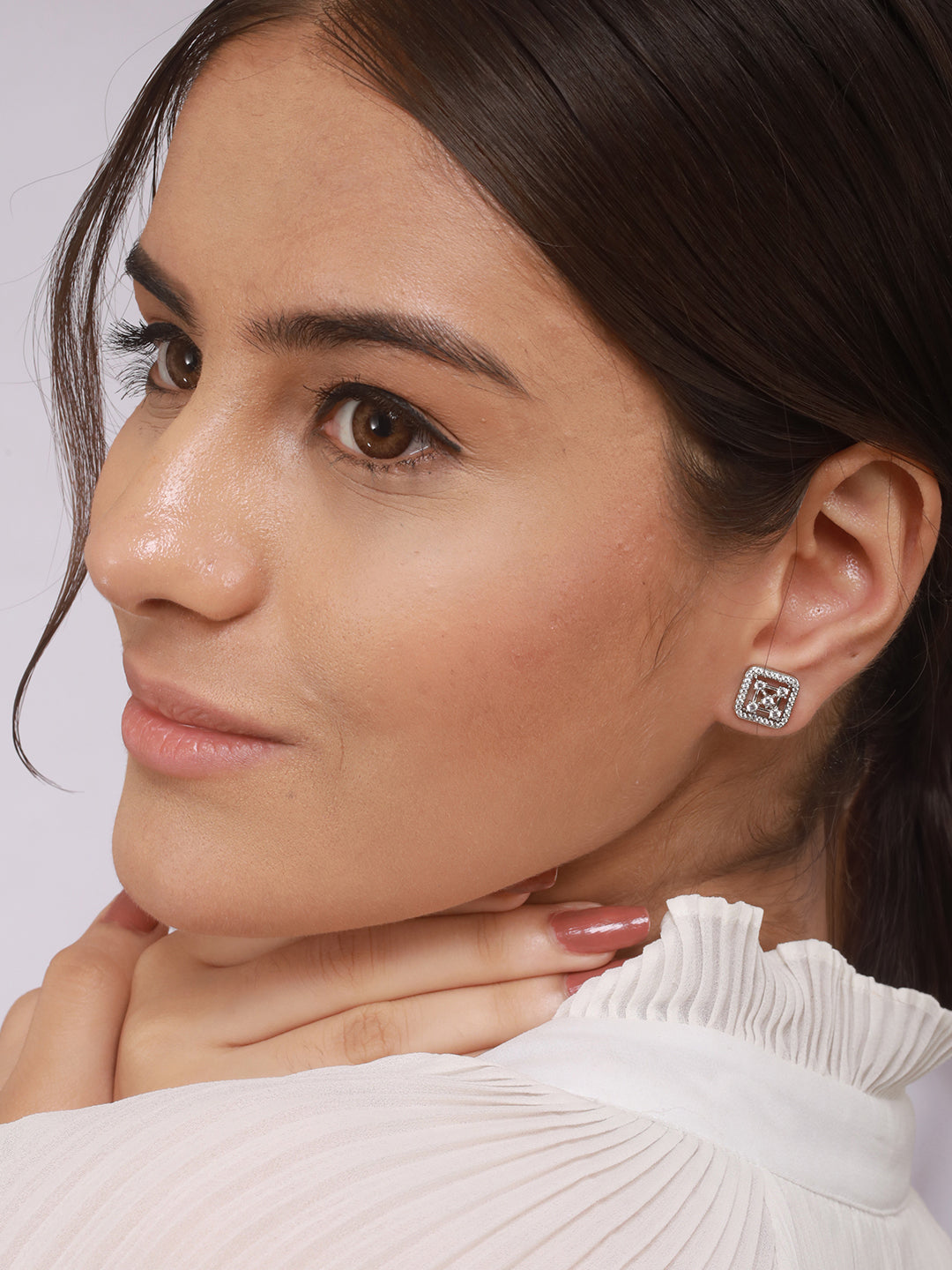 925 Sterling Silver Rhodium Plated Geometric Square Floret Studds Earrings