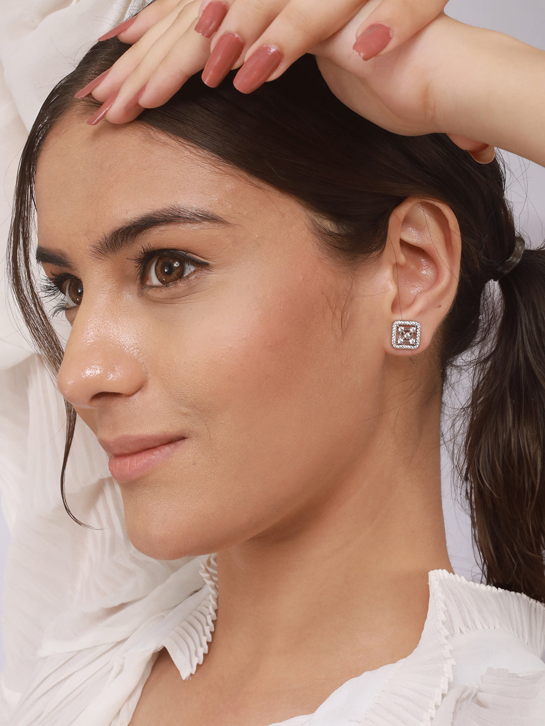 925 Sterling Silver Rhodium Plated Geometric Square Floret Studds Earrings