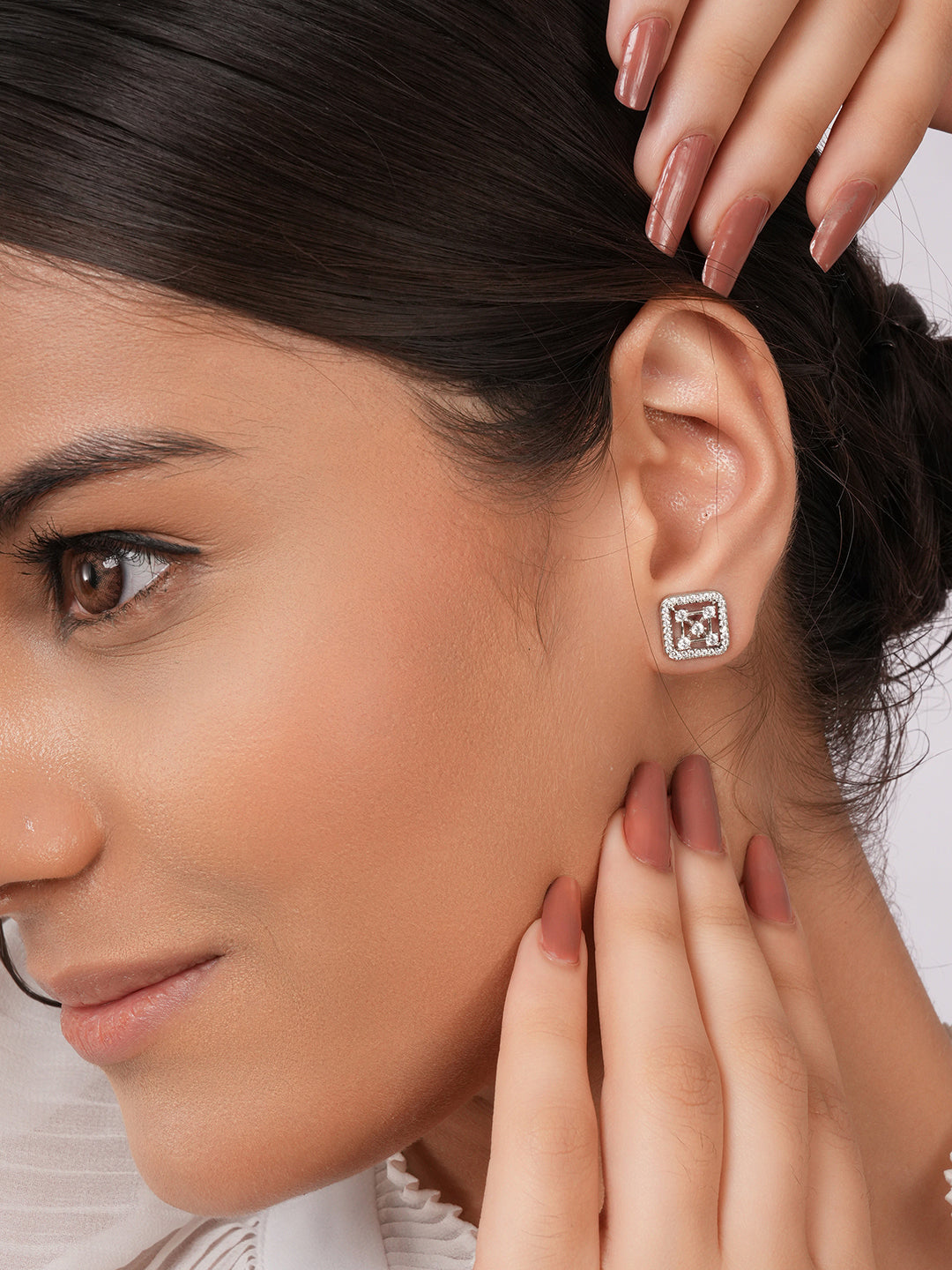 925 Sterling Silver Rhodium Plated Geometric Square Floret Studds Earrings