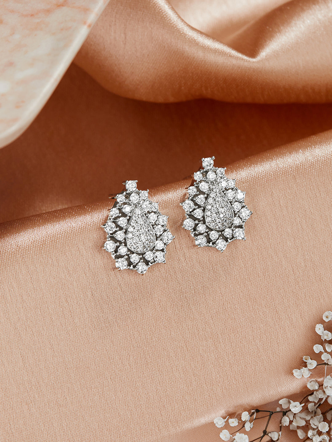 925 Sterling Silver Rhodium Plated Cubic Zircon Pear Shaped Studds Earrings