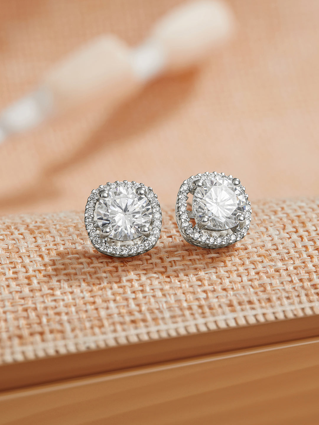 925 Sterling Silver Rhodium Plated Halo Solitaire Studds Earrings