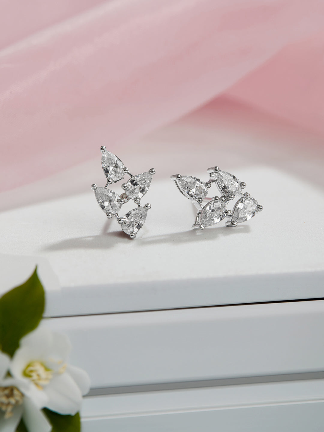 925 Sterling Silver AD Studded Rhodium Plated  Leafy Studds Earrings