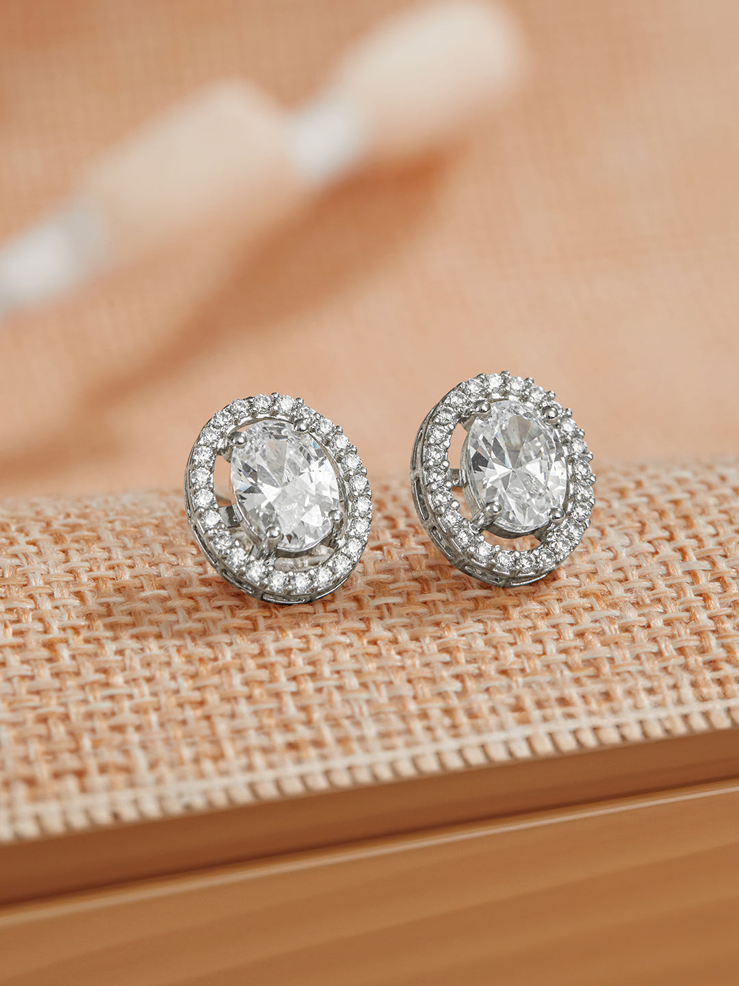 925 Sterling Silver AD Studded Rhodium Plated Oval Studds Earrings