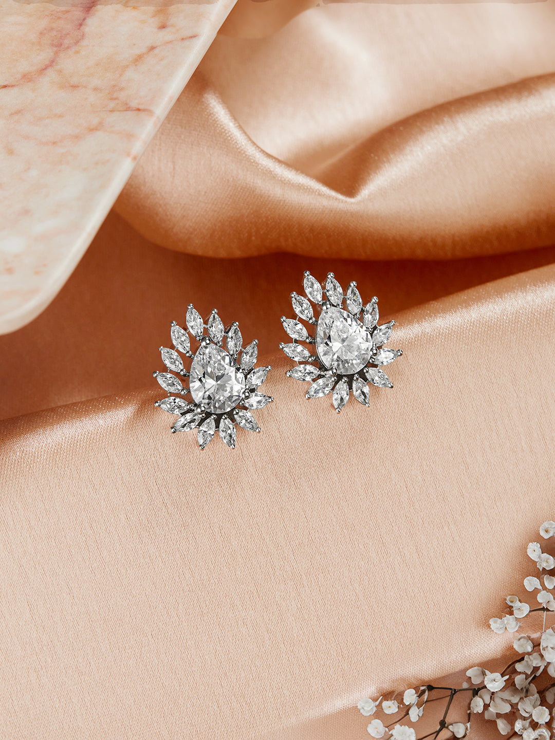 925 Sterling Silver Rhodium Plated Drop Shaped Solitaire Earrings