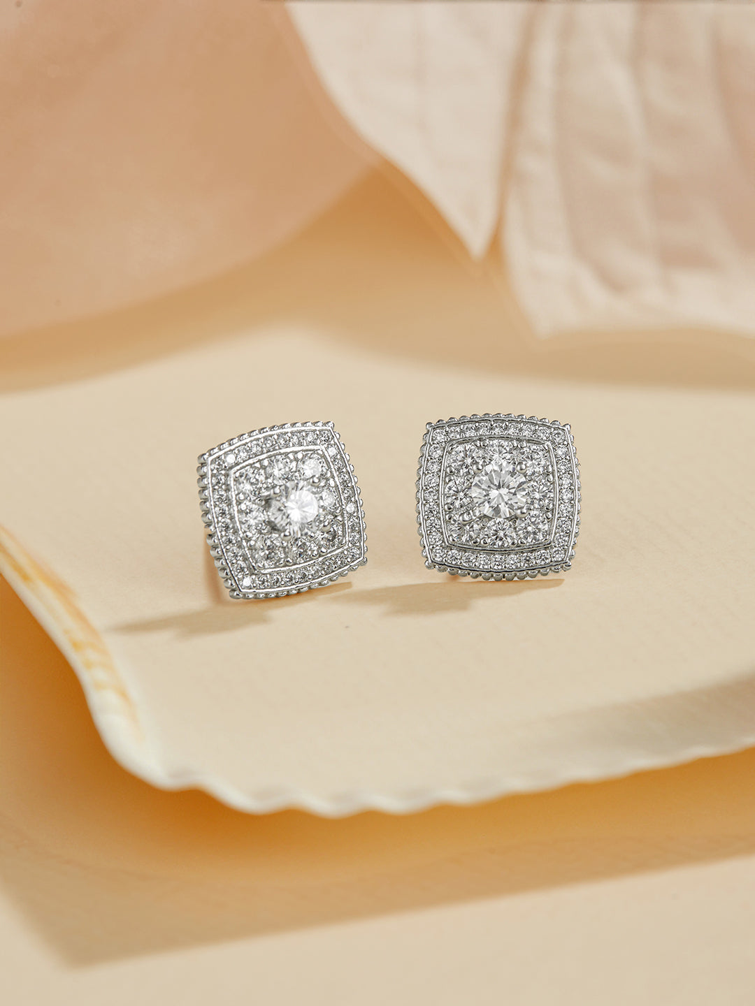 925 Sterling Silver Rhodium Plated Geometric Square Cluster CZ Studds Earrings