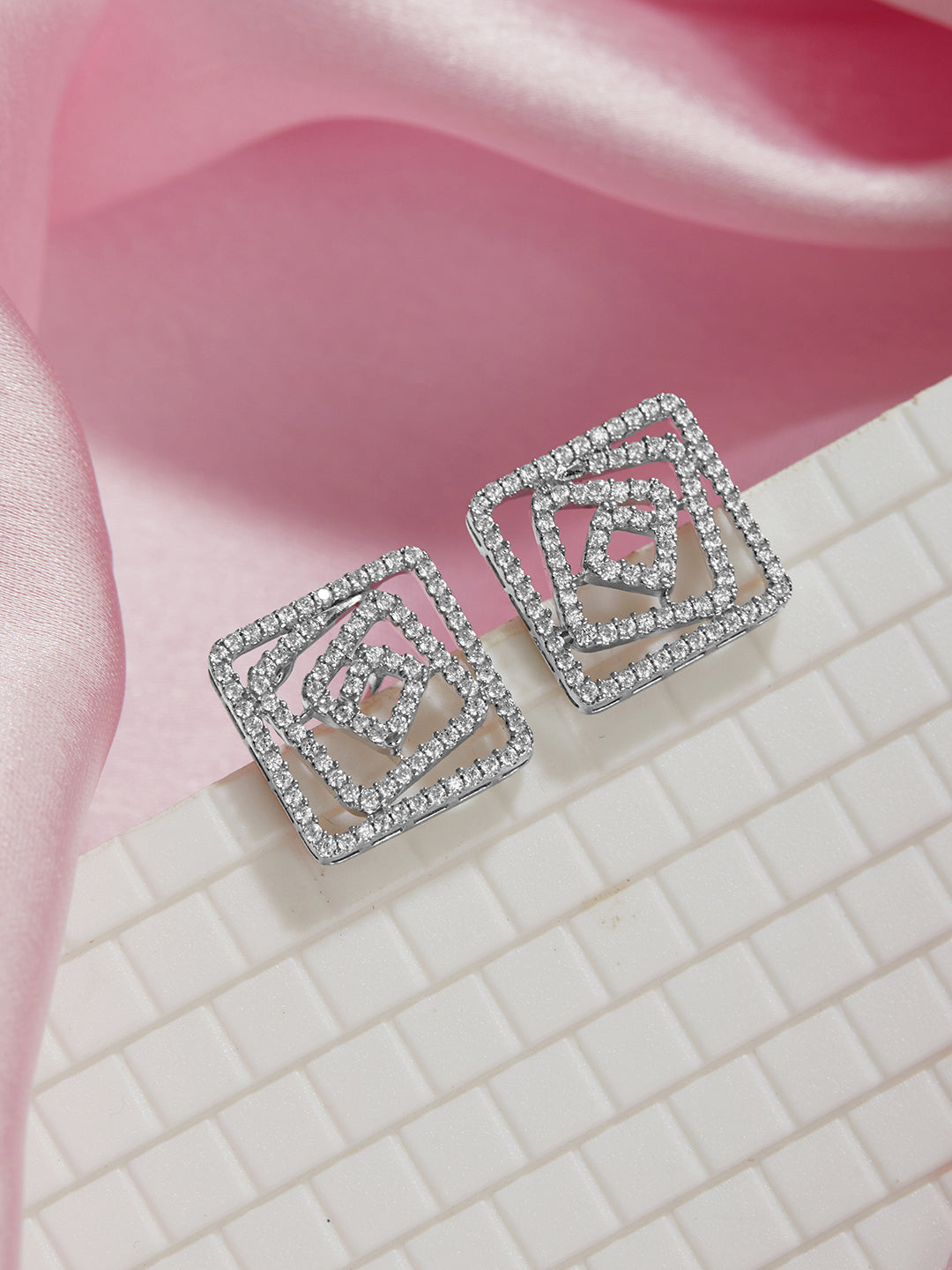 925 Sterling Silver Rhodium Plated CZ Studded Geometric Studds Earrings