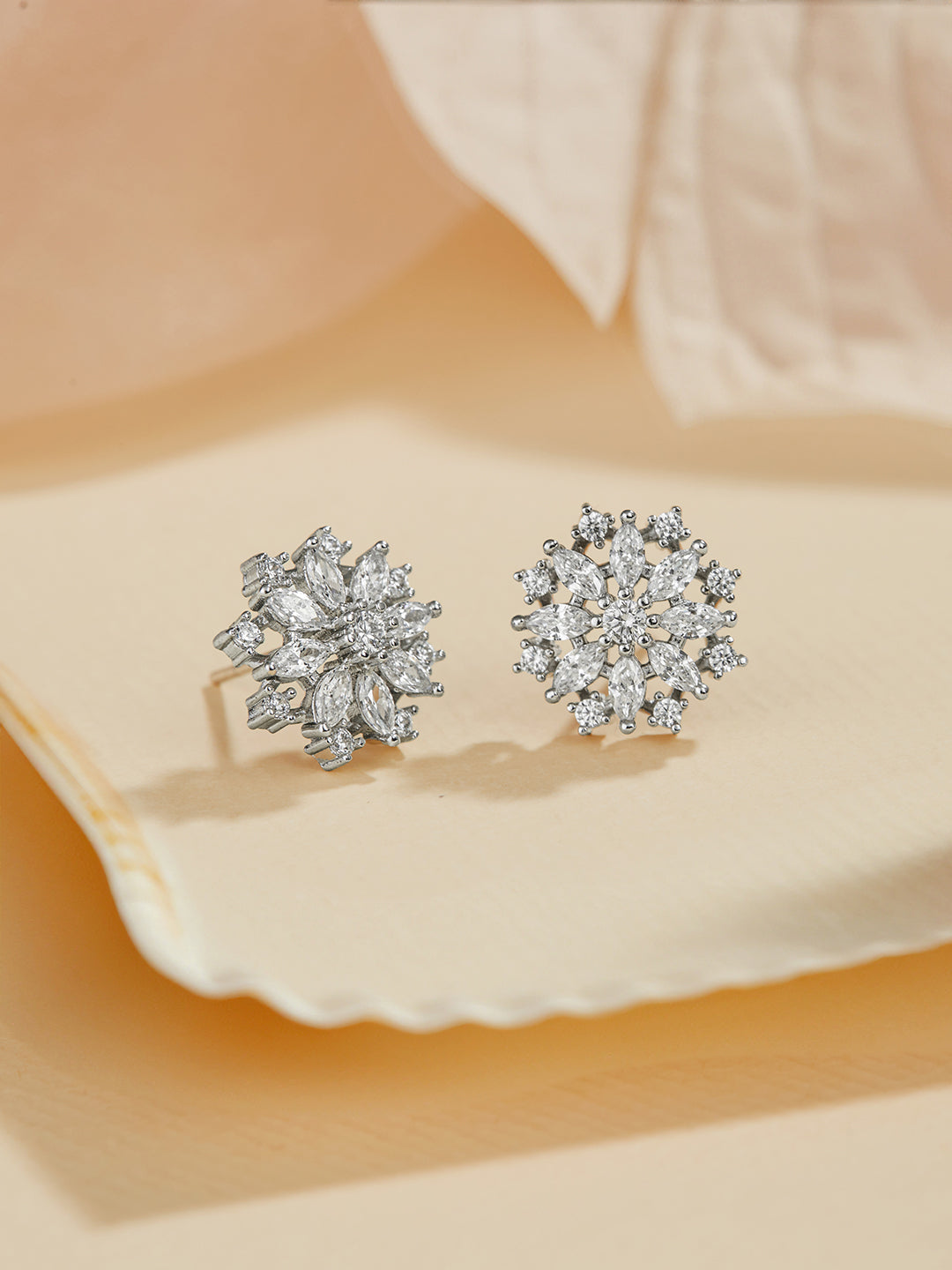 925 Sterling Silver CZ Studded Rhodium Plated Floral Clustered Studds Earrings