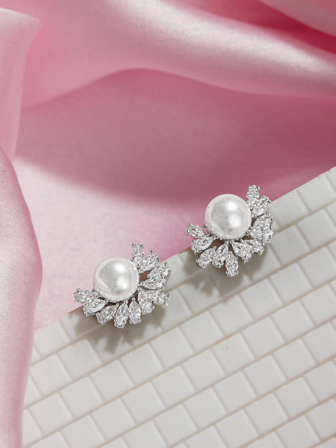 925 Sterling Silver Rhodium Plated Semi Flower Faux Pearl Studds Earrings