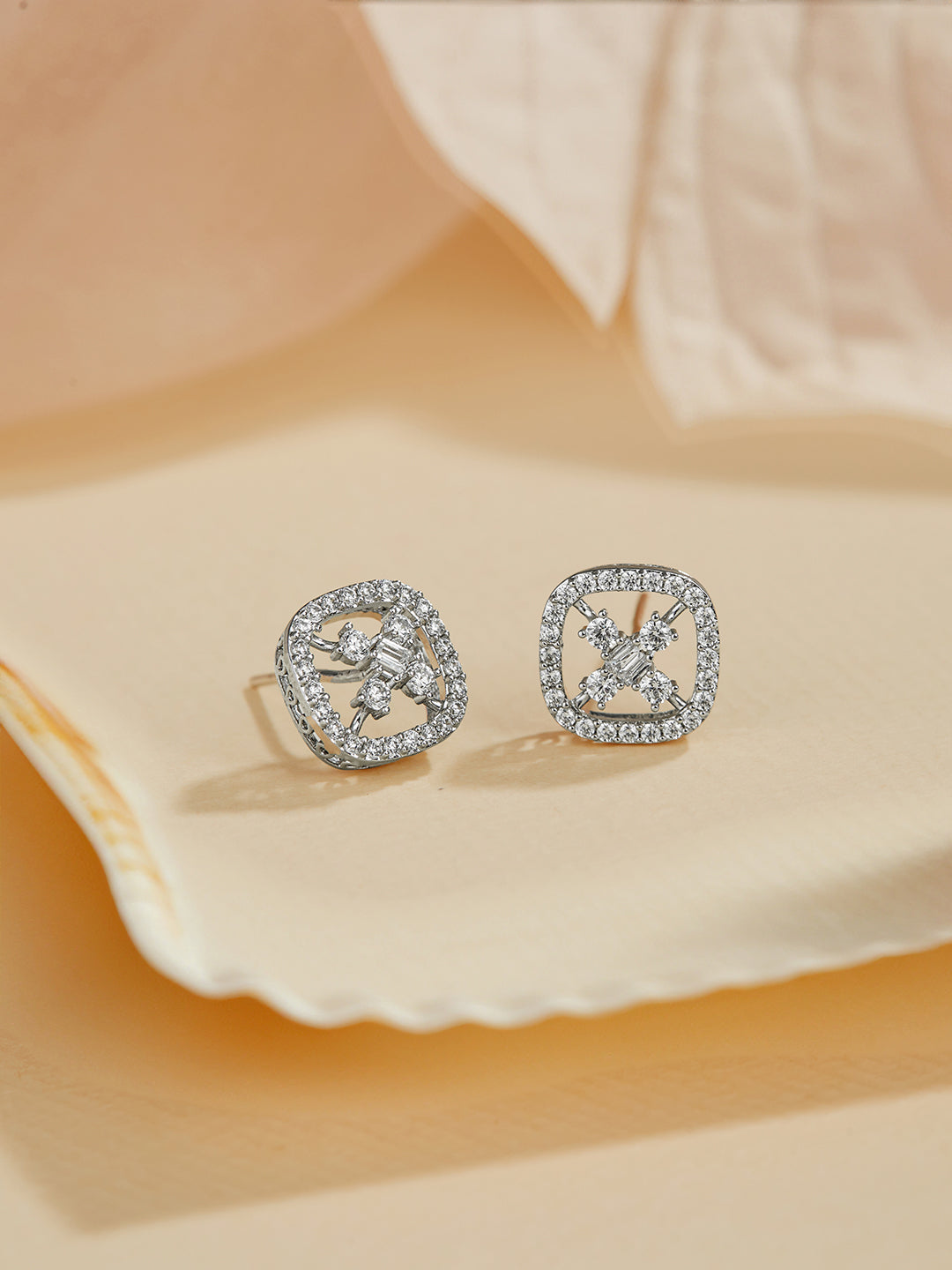 925 Sterling Silver Rhodium Plated Baguette Shaped CZ Square Floret Earrings