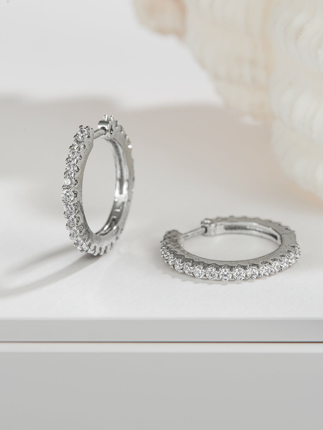 925 Sterling Silver Rhodium Plated  CZ Studded Classic Hoop Earrings