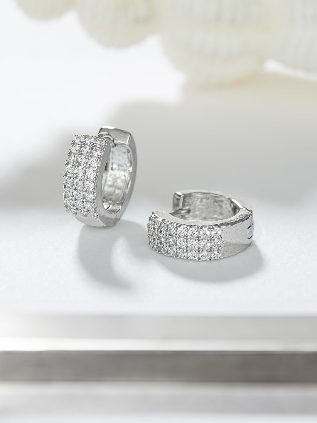 925 Sterling Silver Rhodium Plated  CZ Studded Small  Hoop Earrings