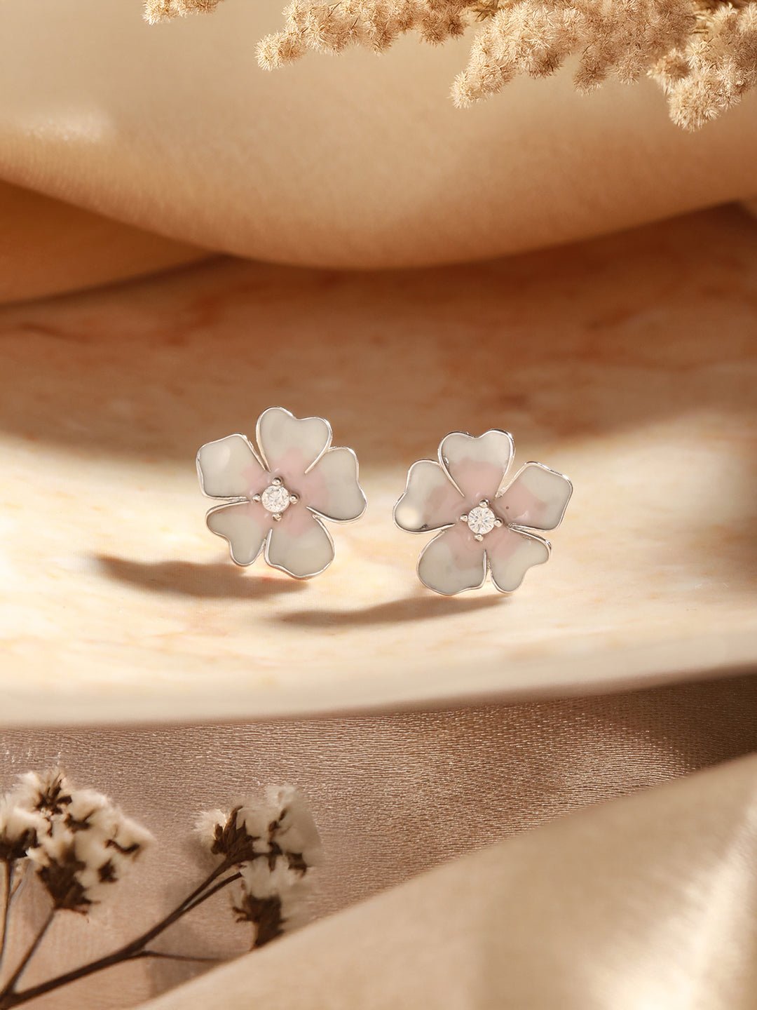 925 Sterling Silver Enamelled Bloom  Flower Shaped Studds Earrings