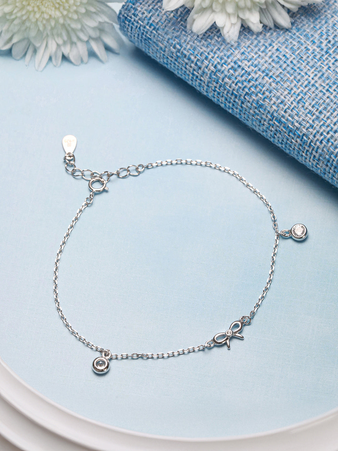 925 Sterling Silver Plated Bow Charms  Link  Adjustable Bracelet