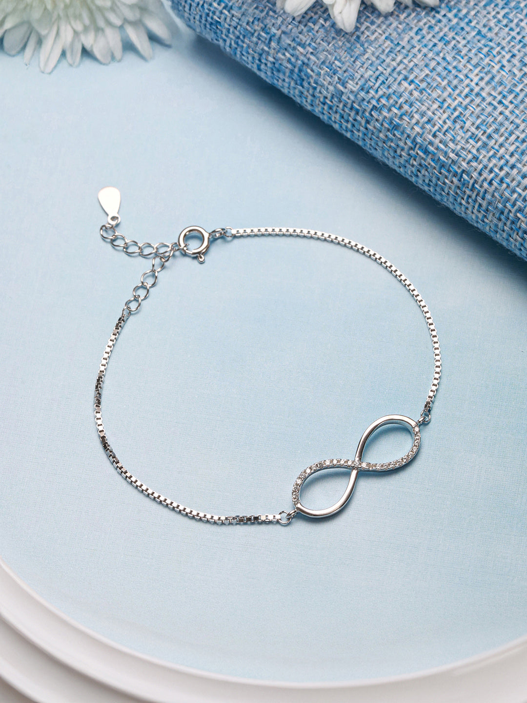 925 Sterling Silver Rhodium Plated AD Studded Infinity Charms Bracelet