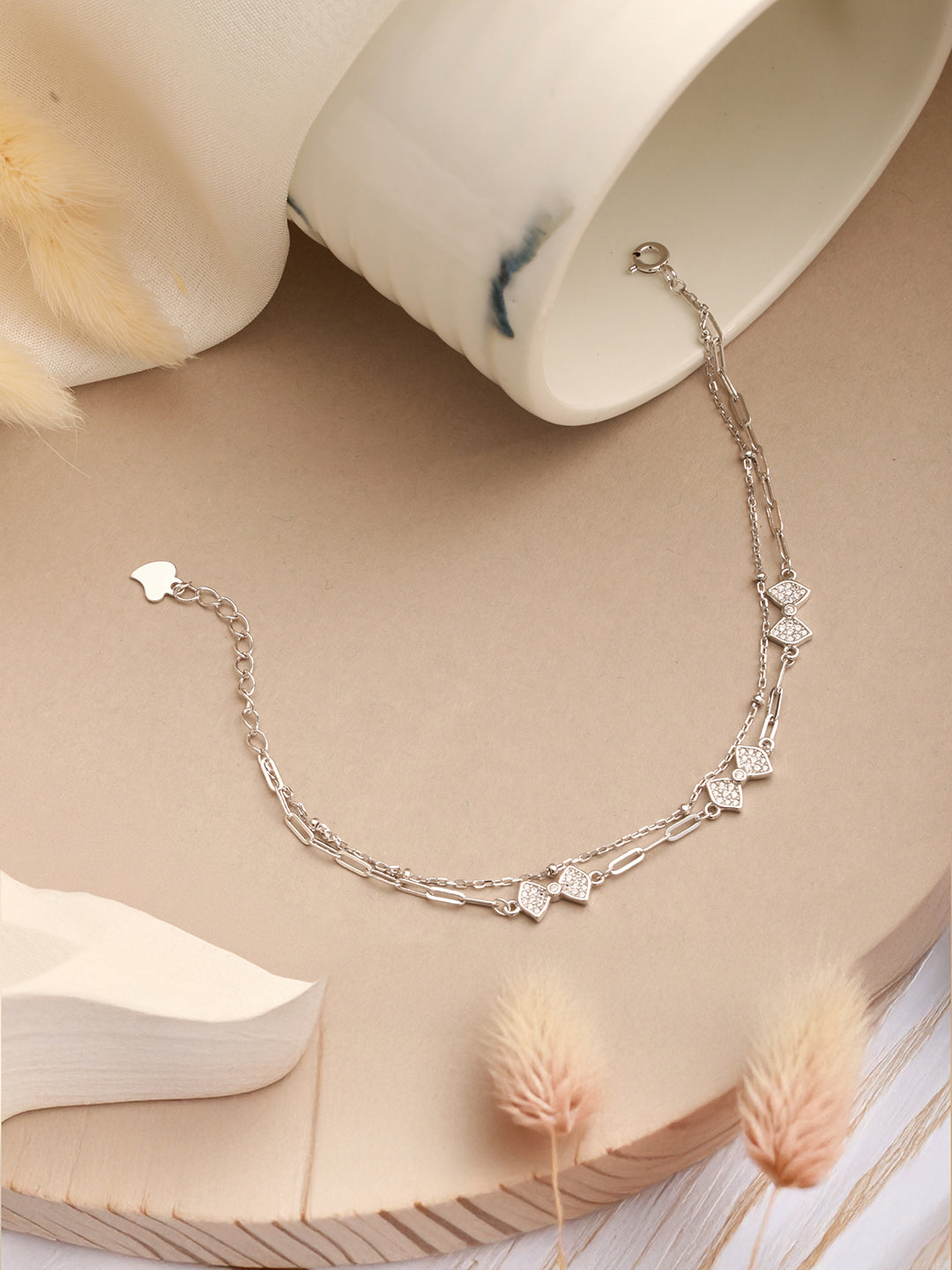 925 Sterling Silver Zircon Studded Bow Multilayered  Minimal Wraparound Adjustable Bracelet