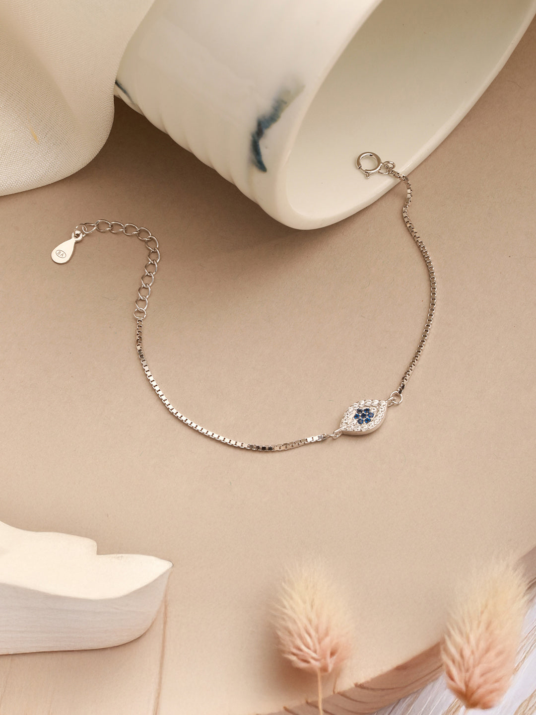 925 Sterling Silver Blue Zircon Studded Evil Eye Minimal Wraparound Adjustable Bracelet