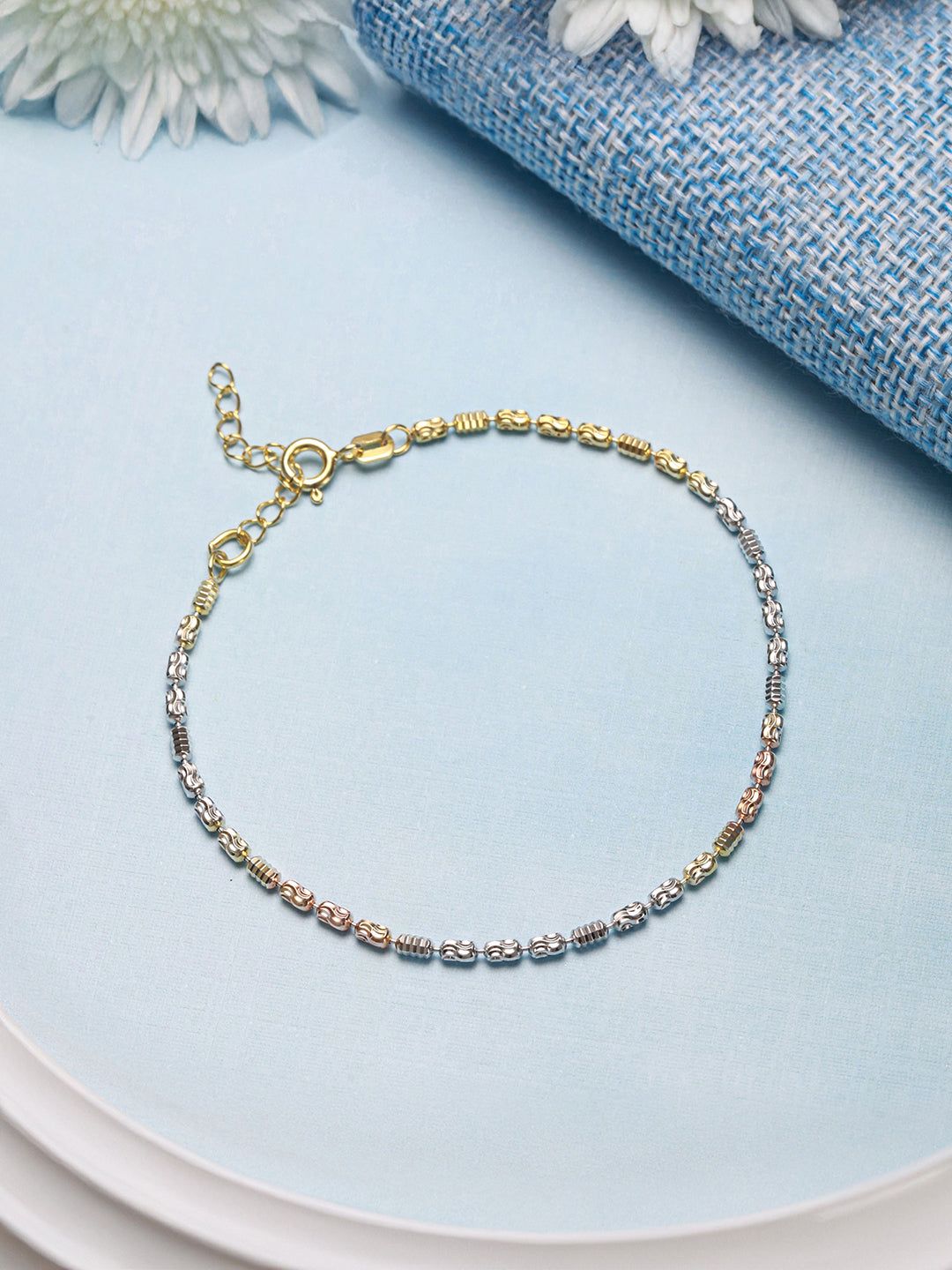 925 Sterling Silver Dual Toned Ball Chain Adjustable Bracelet