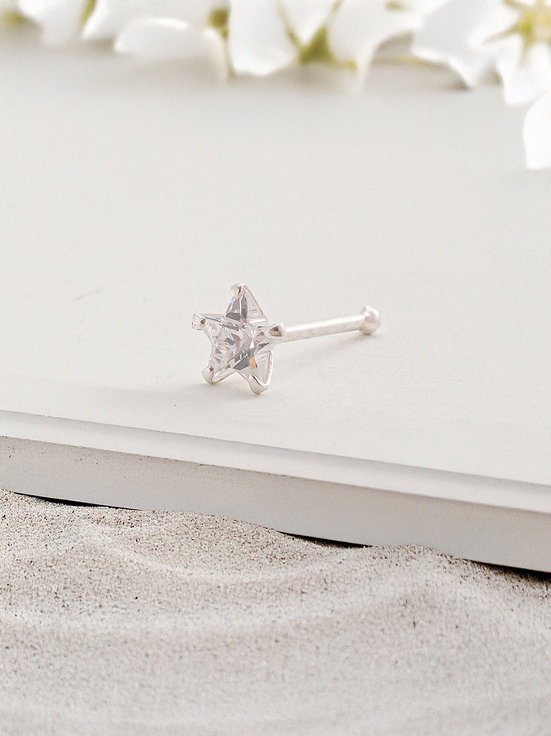 925 Sterling Silver Star Shaped AD Embellished Solitaire Studds Nose Ring
