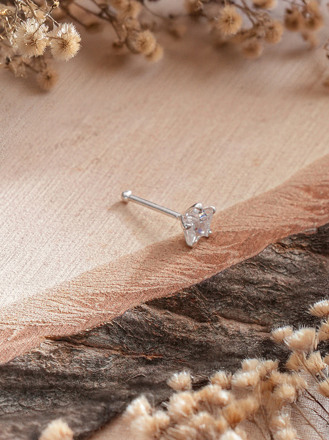 925 Sterling Silver Star Shaped AD Embellished Solitaire Studds Nose Ring