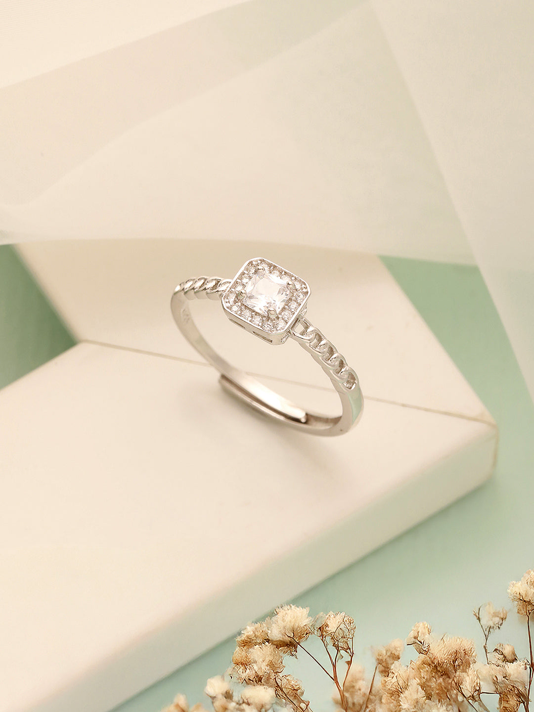 925 Sterling Silver Cushion Cut Zircon Promise Engagement Adjustable Finger Ring