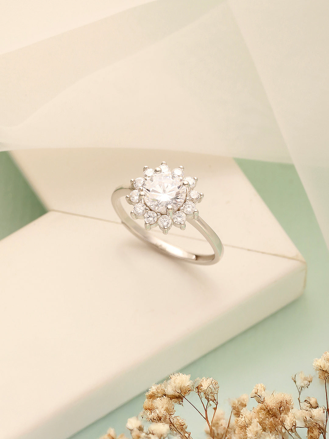 925 Sterling Silver Zircon Studded Floral Engament Minimal Adjustable Finger Ring