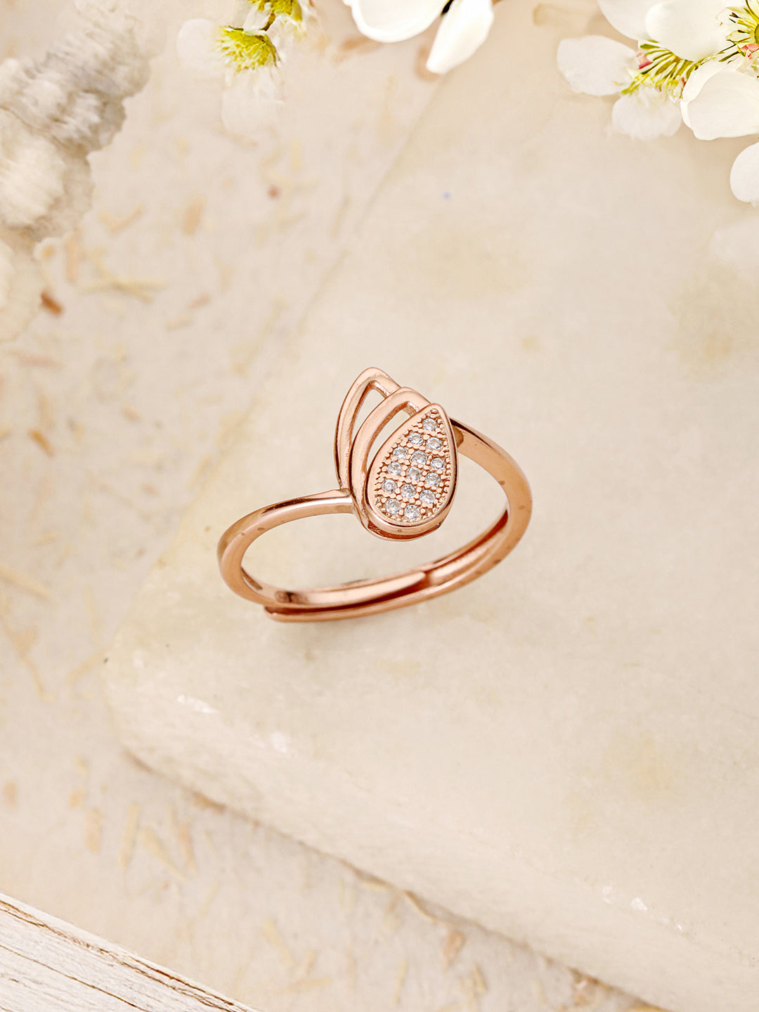 925 Sterling Silver Rose Gold Plated AD Studded Leaf Shaped Proposal Adjustable Finger Ring