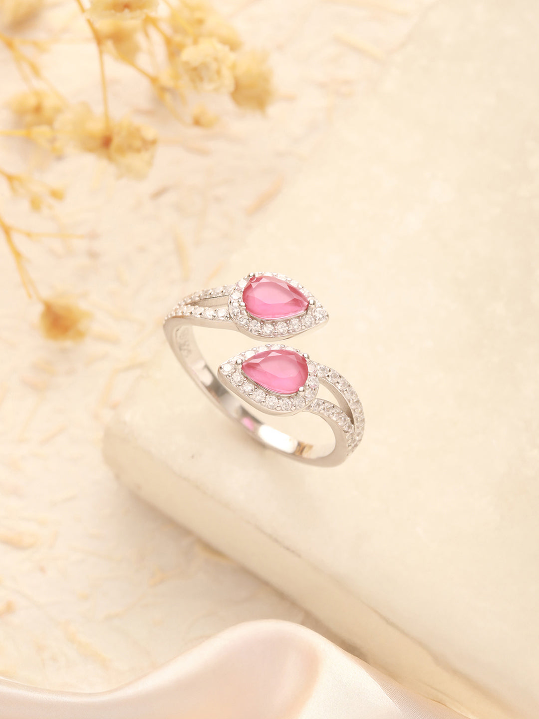 925 Sterling Silver Rhodium Plated Pink AD Studded  Contemporary Adjustable  Finger Ring For Her