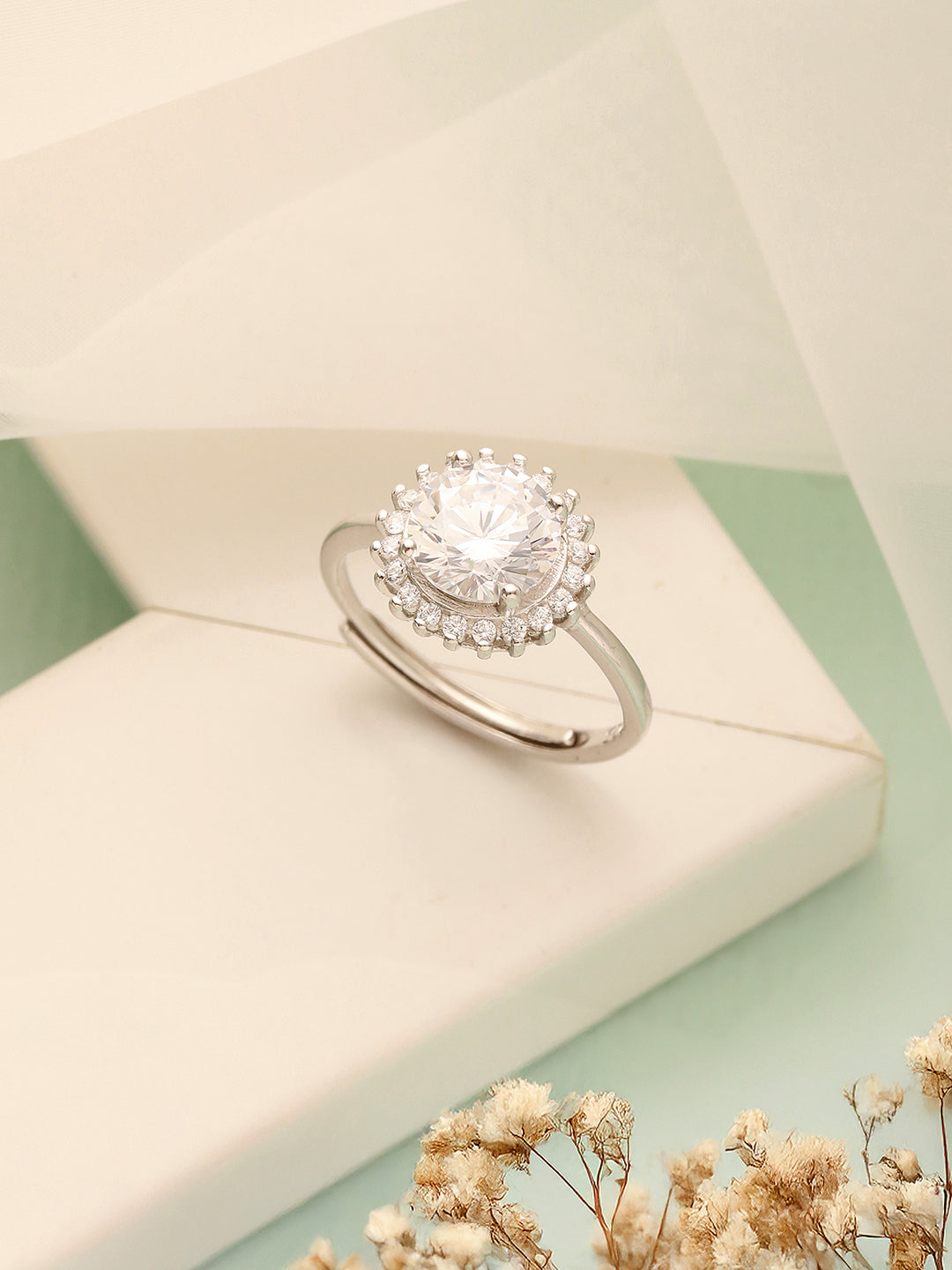 925 Sterling Silver Rhodium Plated Zircon Studded Floral Contemporary Adjustable Finger Ring