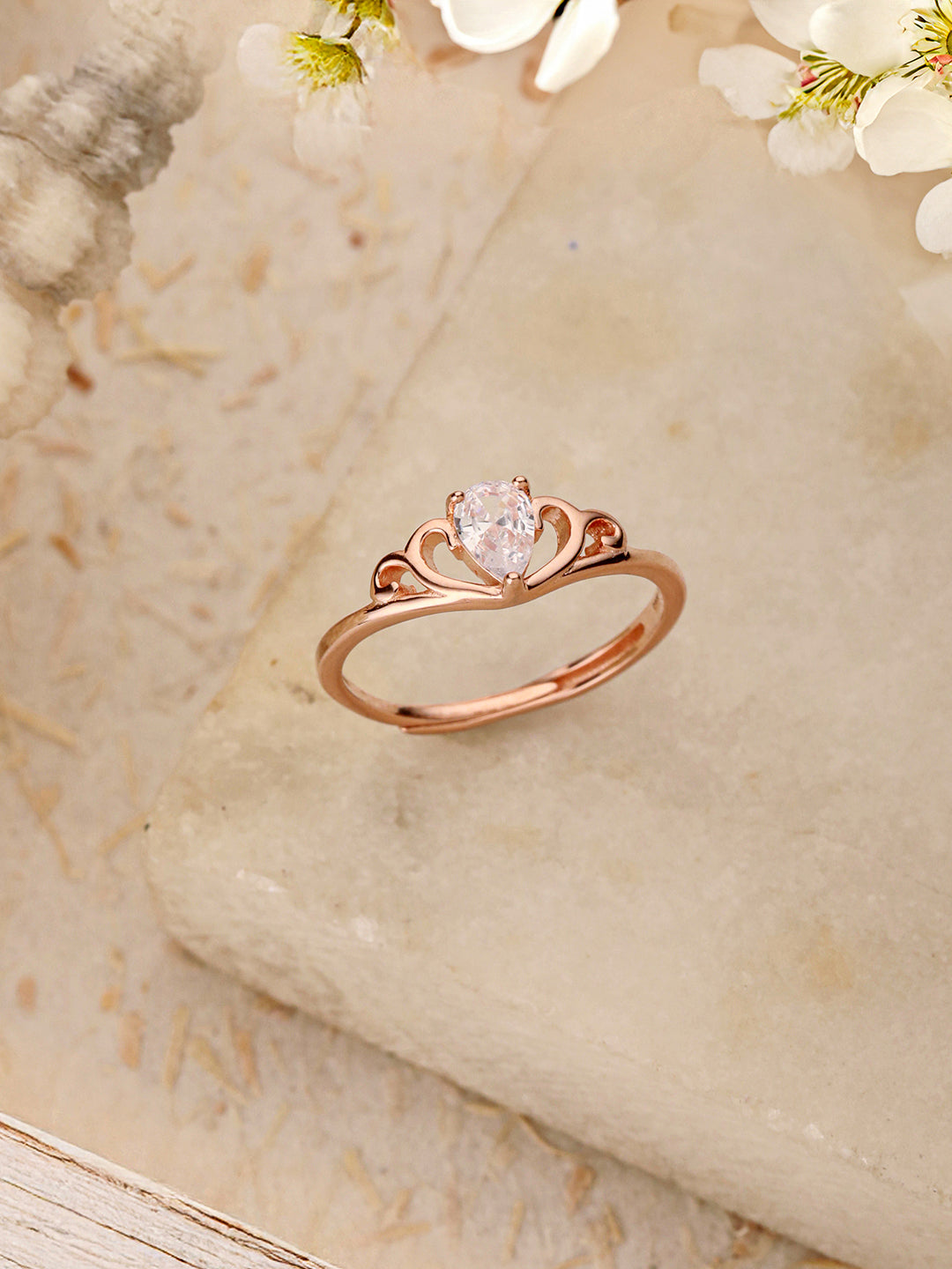 925 Sterling Silver Rose Gold Plated AD Studded Minimal Crown Finger Ring