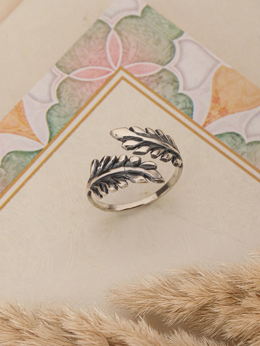 925 Sterling Silver Oxidised Dailywear minimal Leafy Adjustable Finger Ring