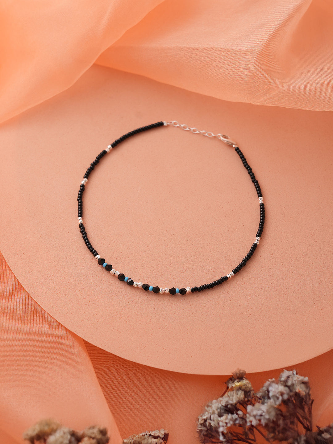 925 Sterling Silver Sparkling Blue & Black Beads Evil Eye Anklet Payal