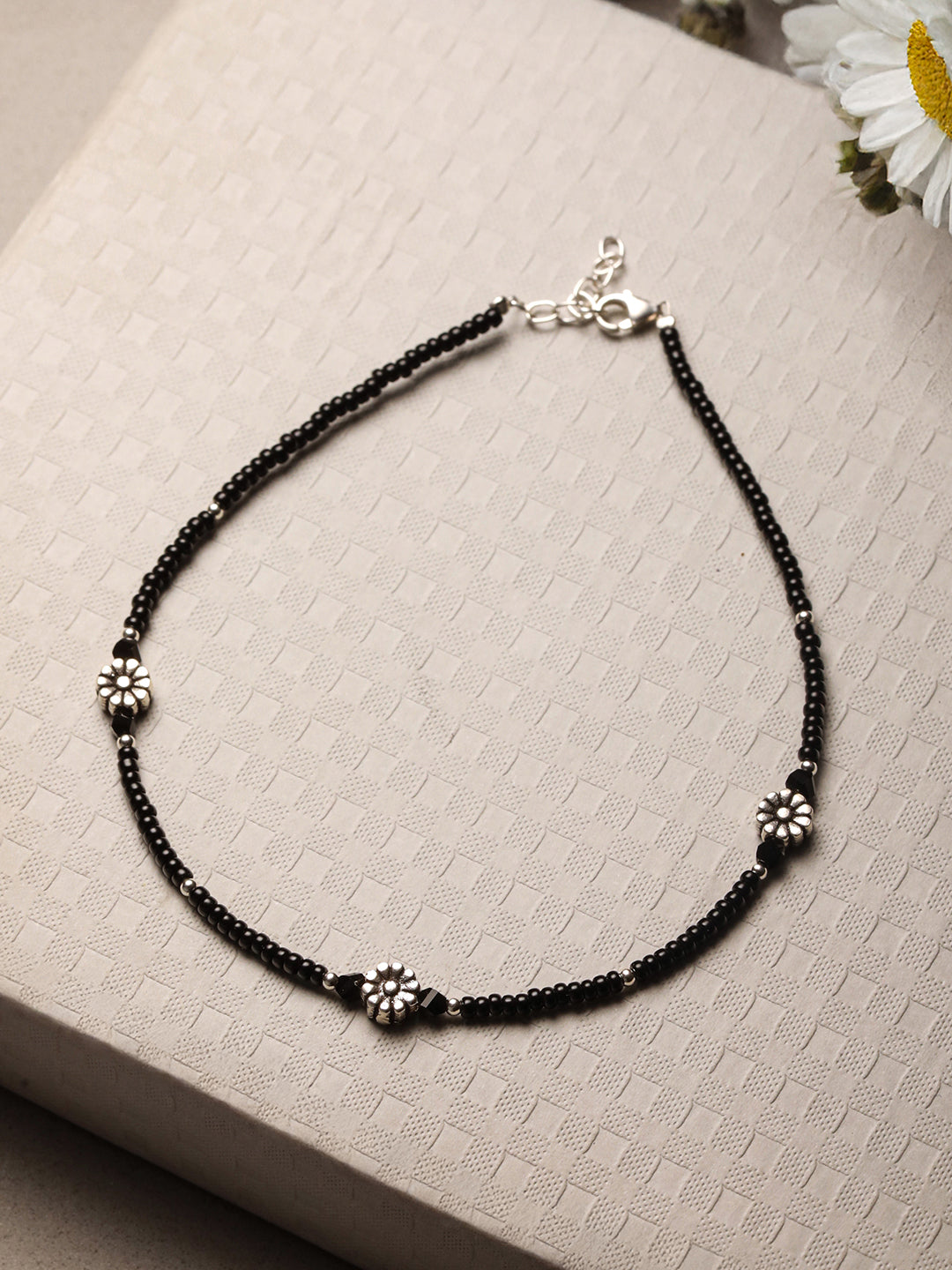 925 Sterling Silver Oxidised Charms  Black Beads Flower Minimal Dailywear Anklet