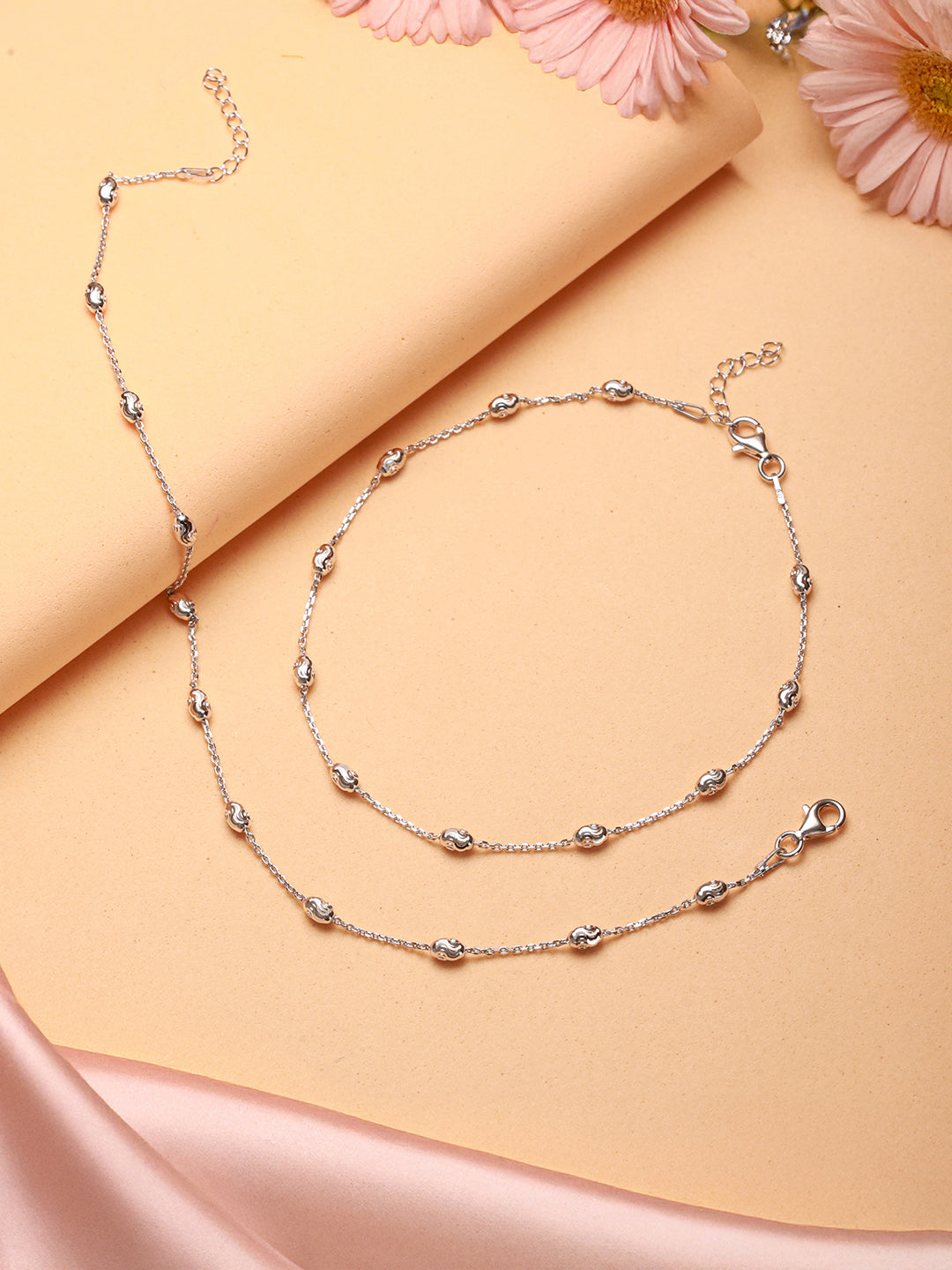 925 Sterling Silver Ball Chain Delicate Designer   Minimal Anklet Pair