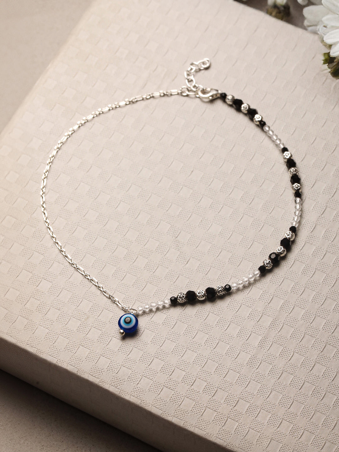 925 Sterling Silver Black Beads Trendy  Minimal Evil Eye Charm Anklet