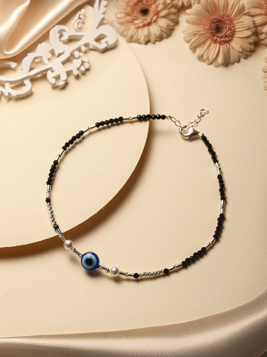 925 Sterling Silver Black Beads Beaded Delicate Minimal Charm Anklet