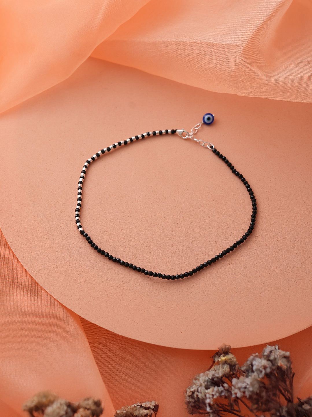 925 Sterling Silver Black Beads Leaf Charms Payal Anklet